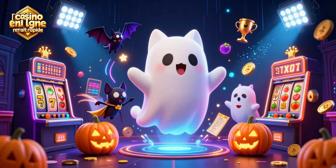 Illustration attrayante du meilleur casino en ligne retrait rapide avec un chat fantôme et un vampire.