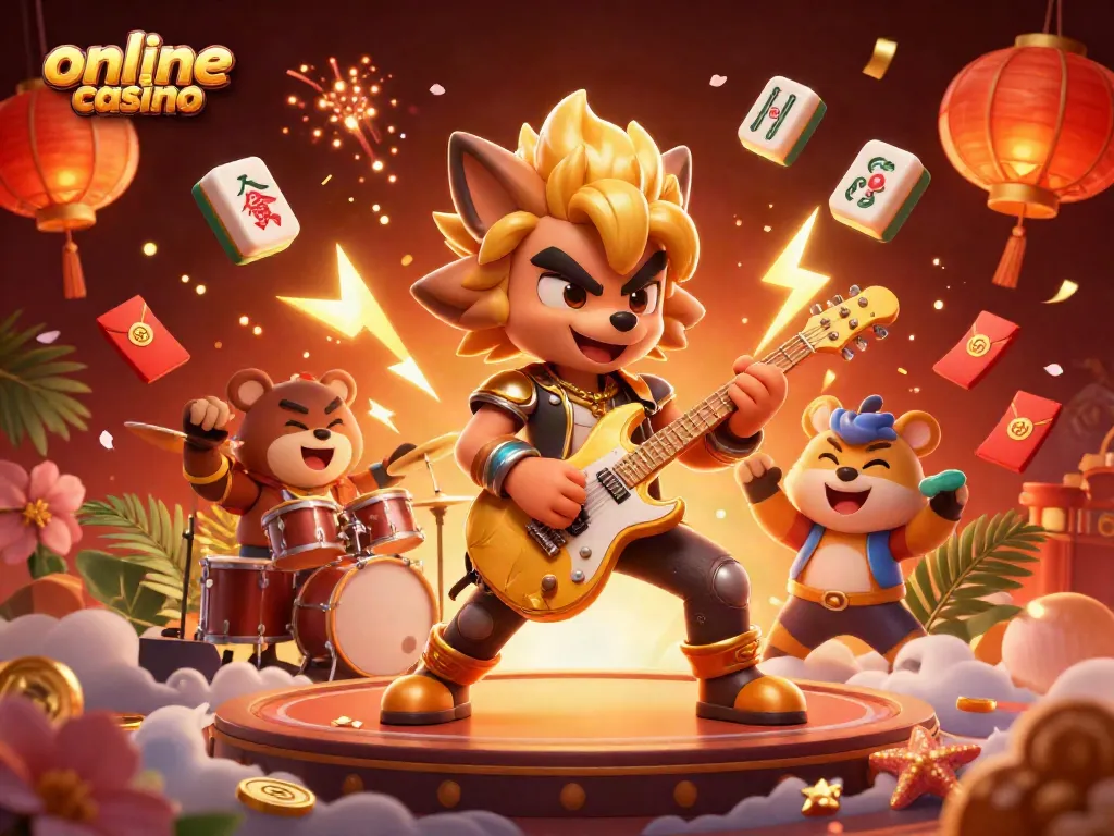 Disfruta de emocionantes juegos de casino online con un lobo rockero y un oso baterista en un escenario lleno de premios.