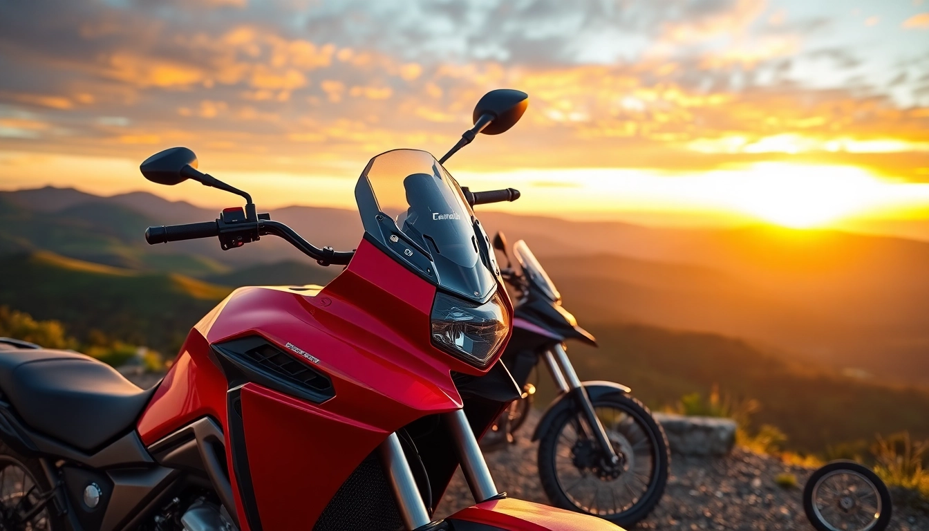 Showcase breathtaking dual sport street legal motorcycles against a mountain backdrop, capturing adventure.