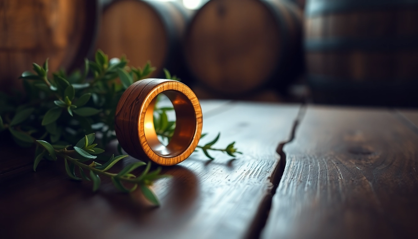 Showcasing Whiskey Barrel Wedding Bands with unique craftsmanship on a rustic wooden surface.