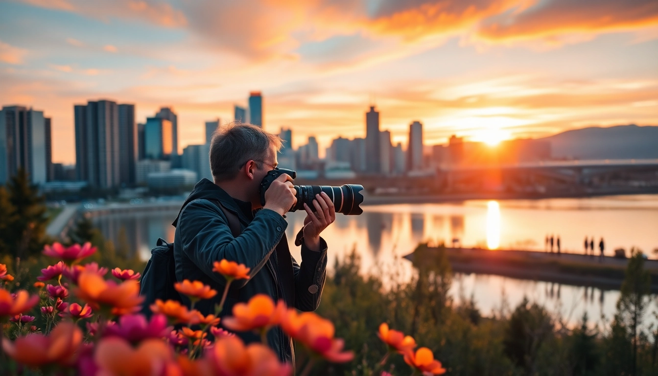 Showcasing a photography company edmonton capturing a sunset over the city skyline.