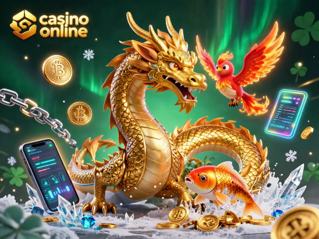 Juega y disfruta de la emoción en un casino online con un dragón dorado y elementos de criptomonedas.