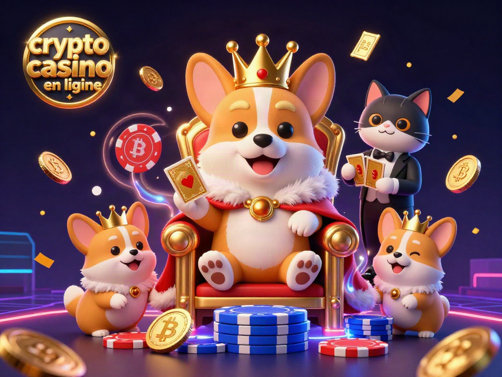 Jeux passionnants sur le casino crypto en ligne avec un corgi royal et des éléments en or.