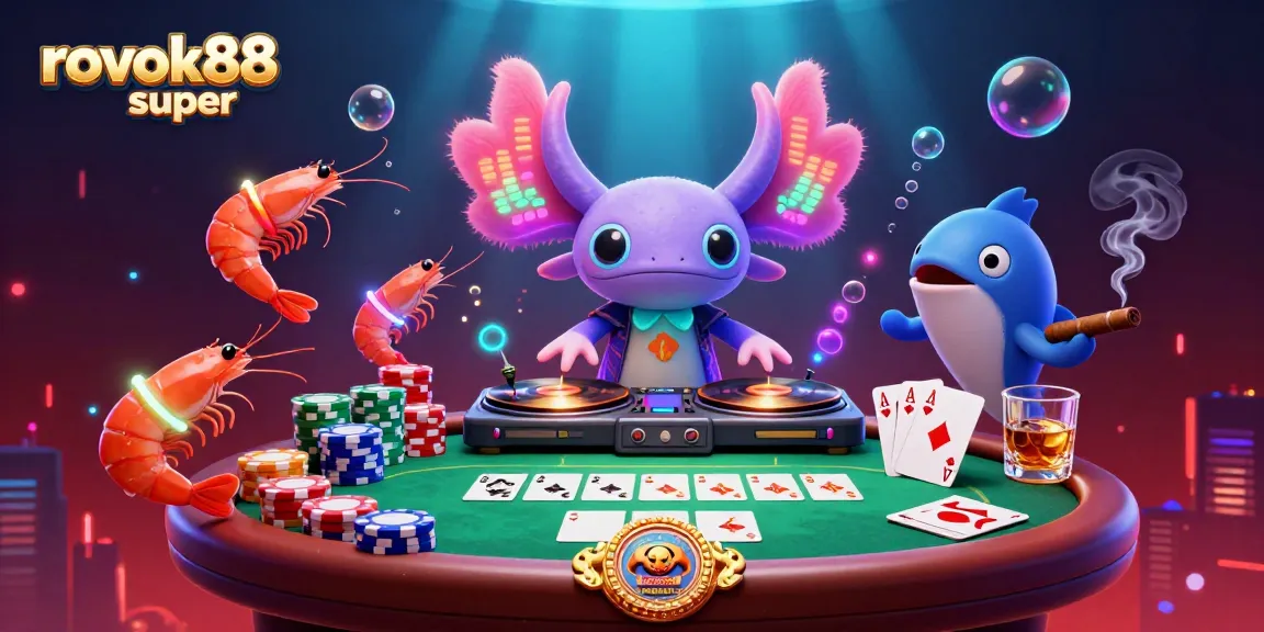 Engage with the vibrant rokok88 super scene featuring neon axolotl DJ spinning records surrounded by poker elements.