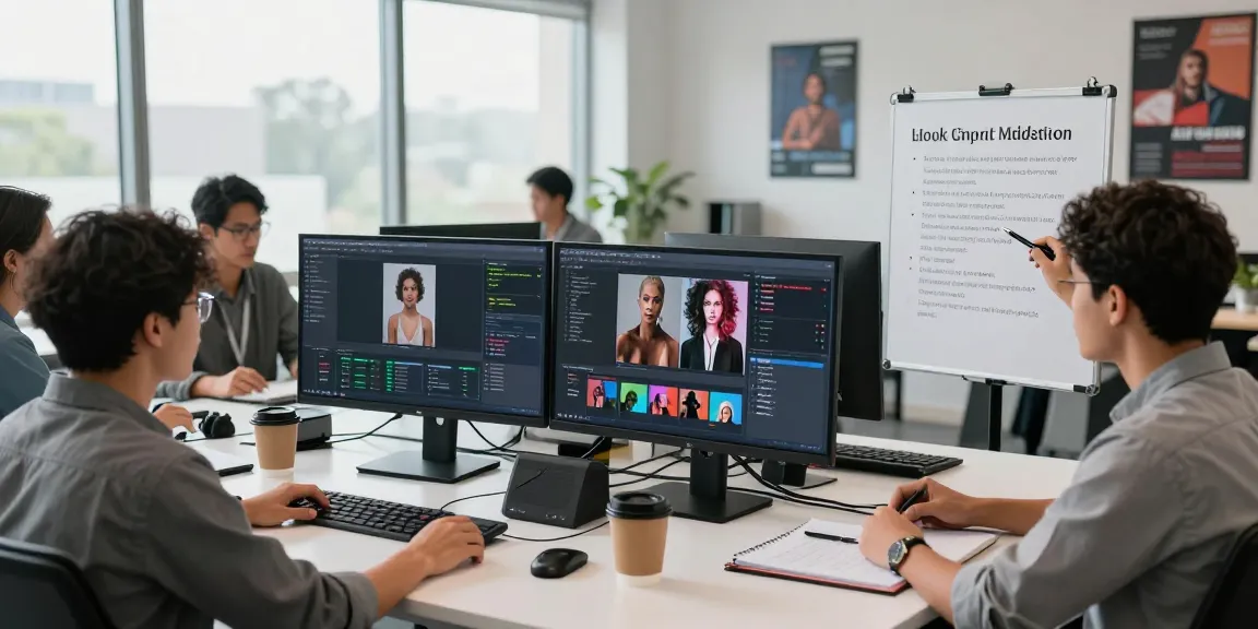 Team collaborating with an ai detector to monitor and analyze digital content in a modern office.