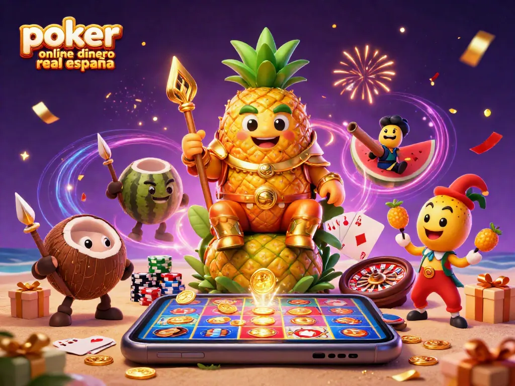 Juego emocionante de póker online dinero real España con el rey piña y divertidos personajes en escena.