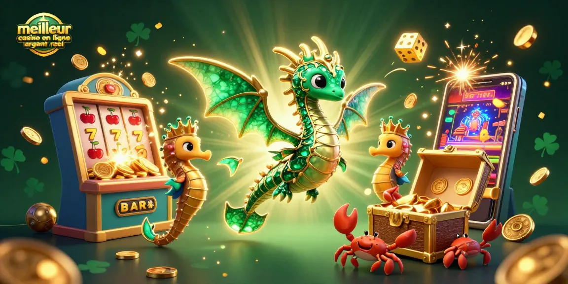 Jouez au meilleur casino en ligne argent réel avec une illustration captivante montrant une scène dynamique de dragon de mer et machines à sous.