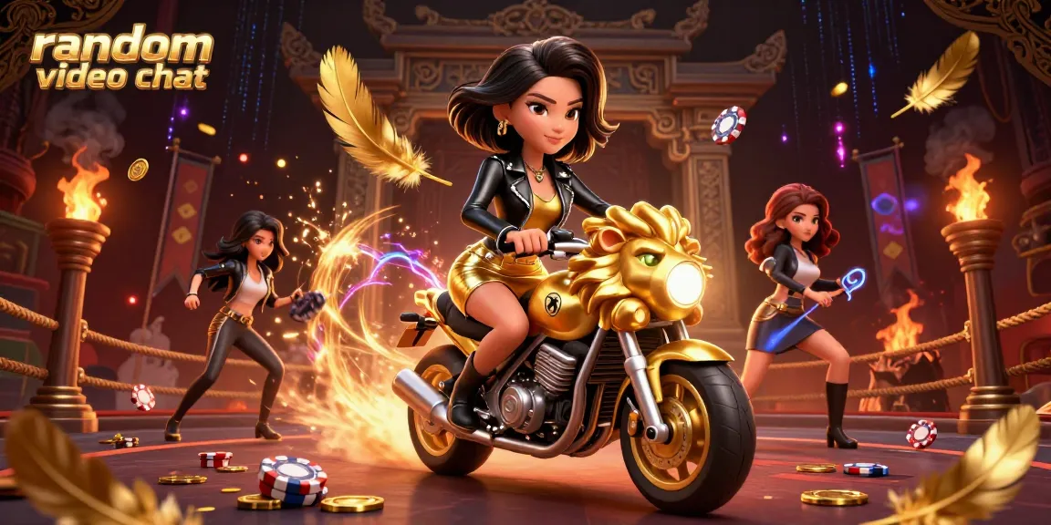 Engage in a thrilling random video chat while riding a golden lion mascot in a lively casino atmosphere.