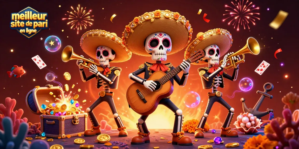 Jouez sur le meilleur site de pari en ligne avec ce groupe coloré de mariachis squelette au milieu de pièces d'or scintillantes.