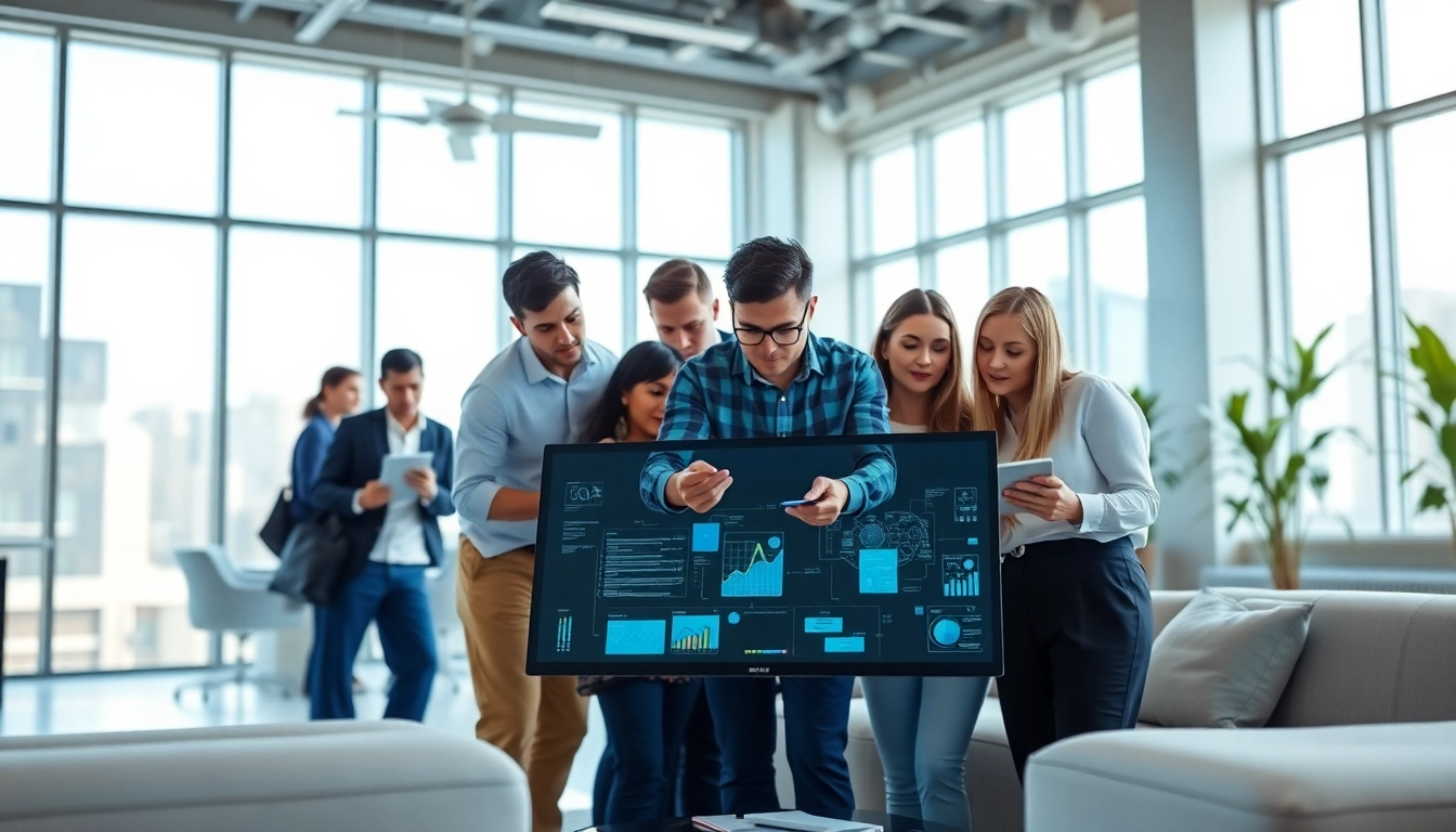 Showcasing an enterprise assistant software facilitating team collaboration in a modern office setting.