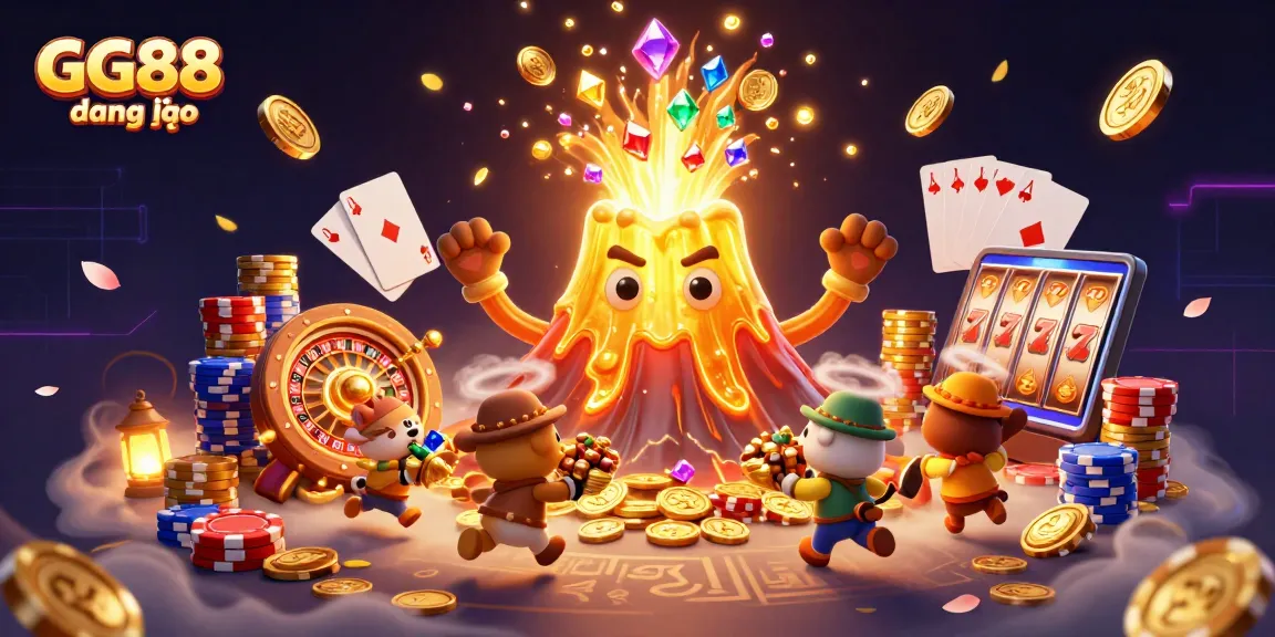 Experience GG88 đăng nhập with this vibrant illustration of a golden volcano and treasure-filled adventure.
