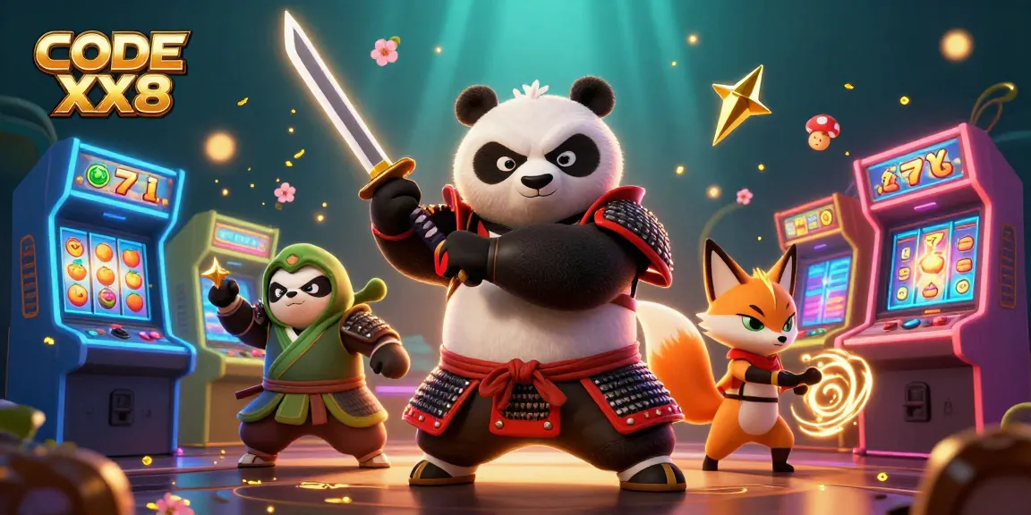 Engage with CODE XX8 in this vibrant 3D illustration featuring samurai panda and ninja fox in a casino setting.