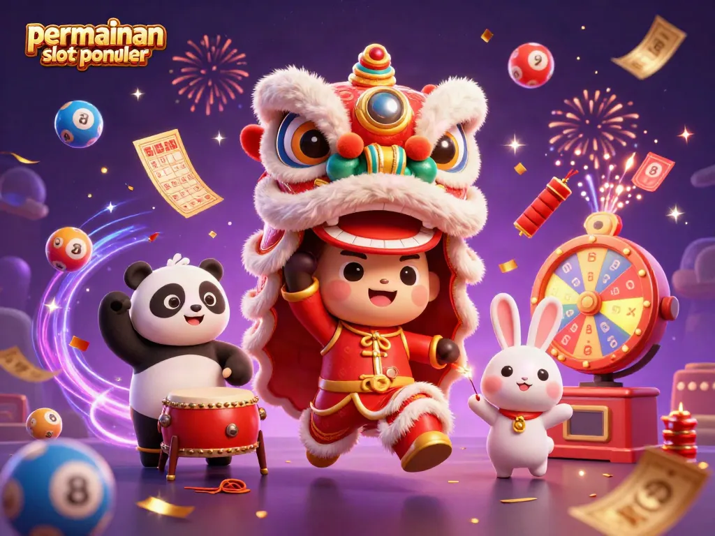 Permainan slot online populer dengan karakter lucu merayakan kemenangan, dihiasi bola lotere dan tiket emas.