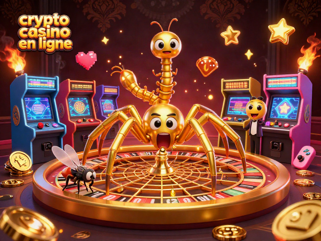 Jouer sur un crypto casino en ligne : araignée d'or et croupier centipède au cœur d'une scène ludique.