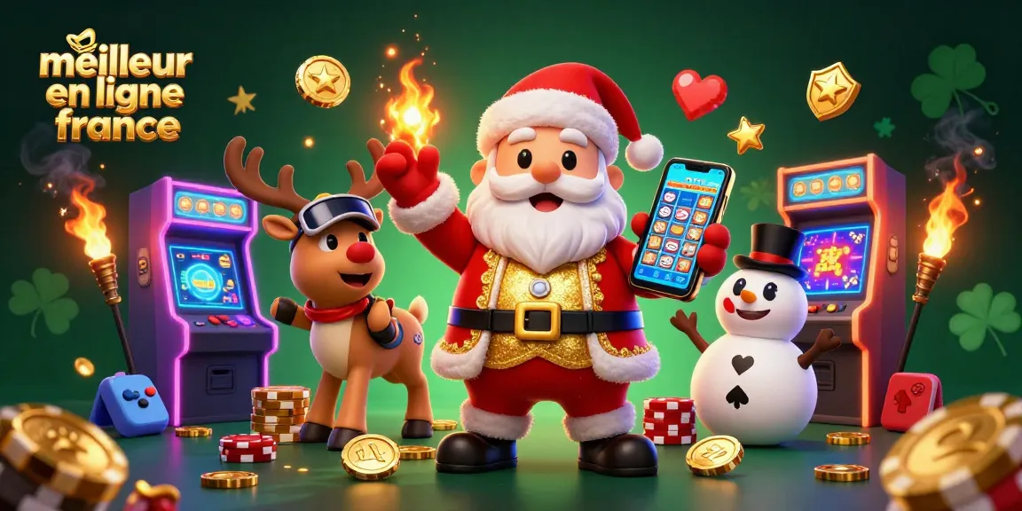 Illustration du meilleur casino en ligne France avec le Père Noël et des éléments de jeux