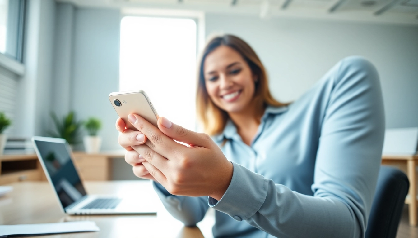 Get cash for phones with a professional woman engaging in a smartphone transaction.