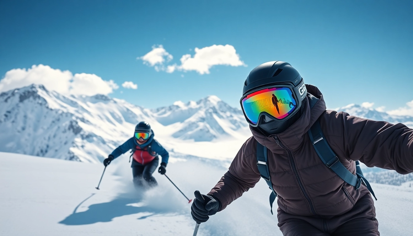 Skiers on a slope wearing giro goggles, showcasing clarity and style in action.