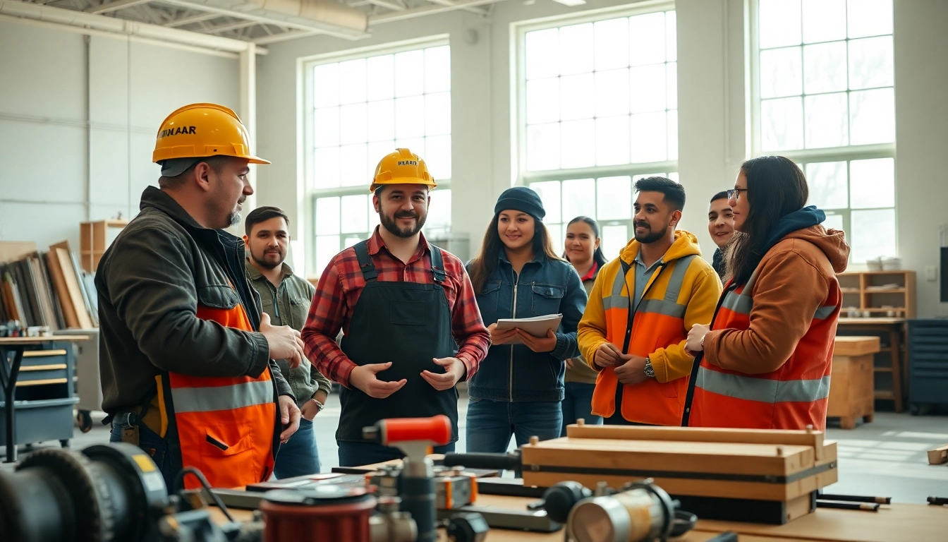 Training session demonstrating contractor apprenticeship with engaged apprentices learning tools and safety skills.