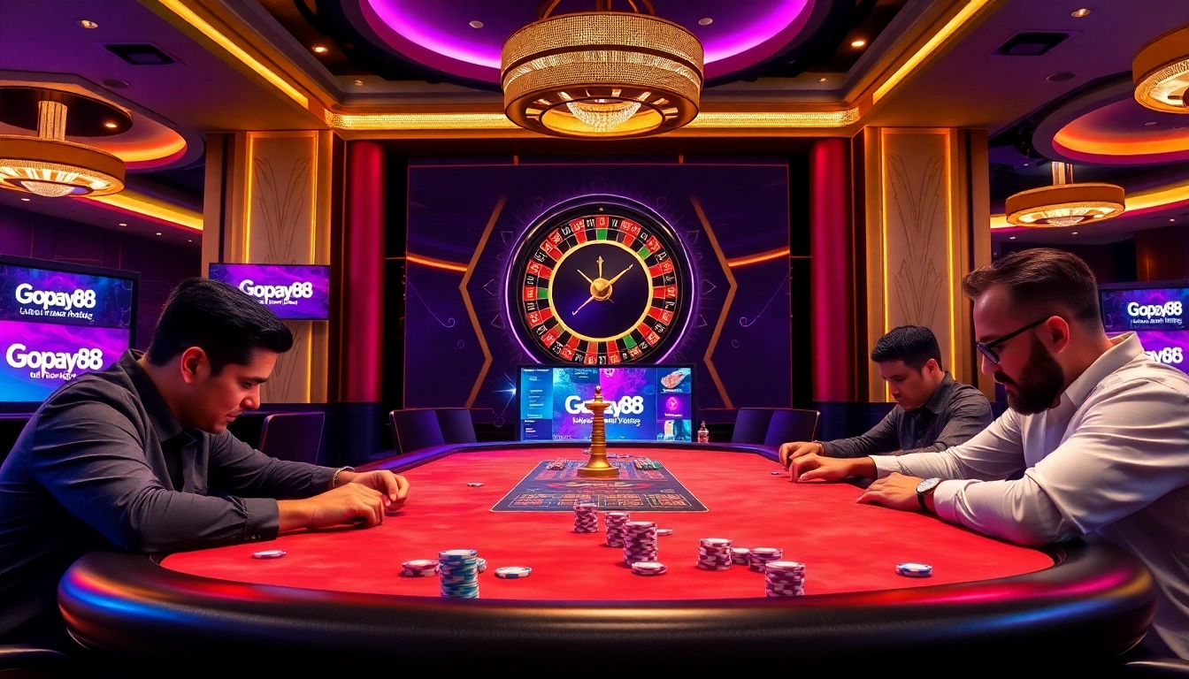 Gopay88 Daftar highlights luxurious gambling experiences in a vibrant casino setting with poker chips and roulette.