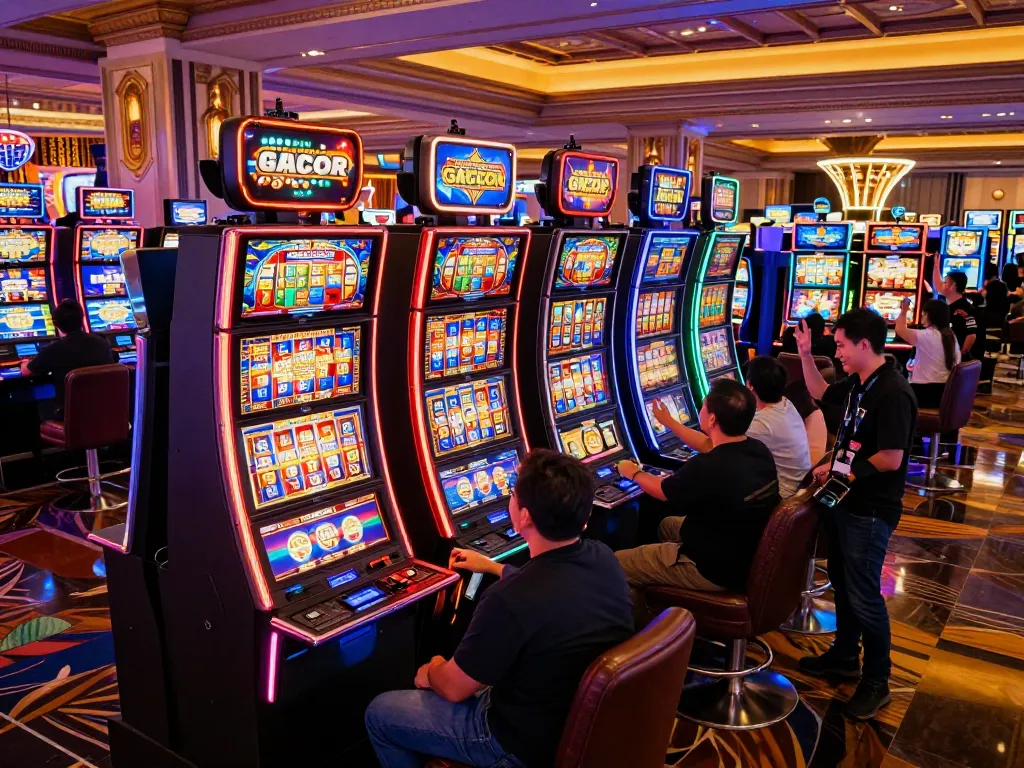 Players celebrate at slot gacor machines in a vibrant casino, showcasing exciting gameplay moments.