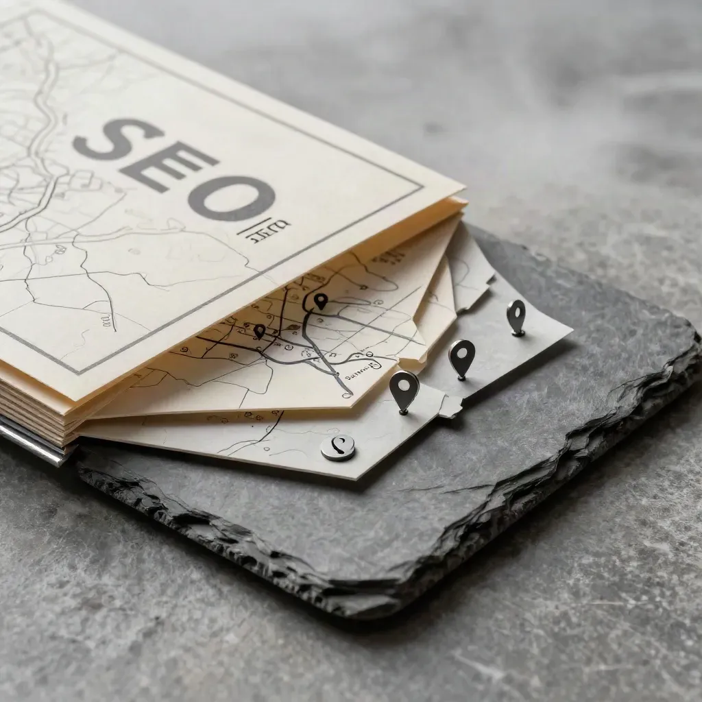 Macro of embossed paper map layers and slate tokens on stone with foggy light.