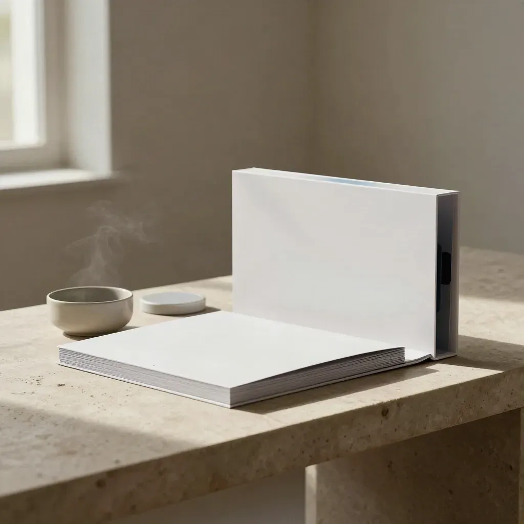 Strategy box, folder stack, dashboard tile and catchall on a sunlit stone ledge.