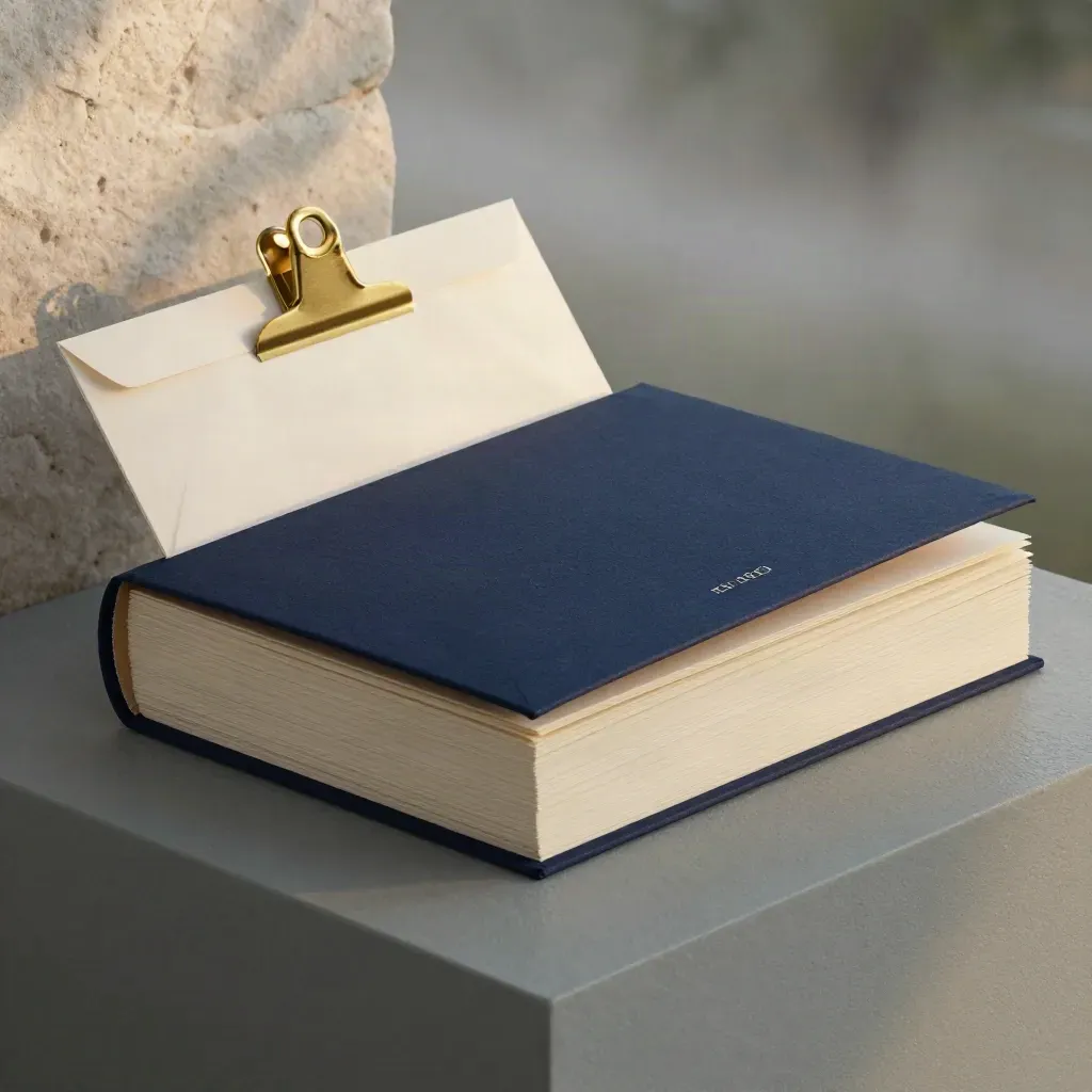 Hero SEO audit folio on plaster plinth with brass clips and misty light