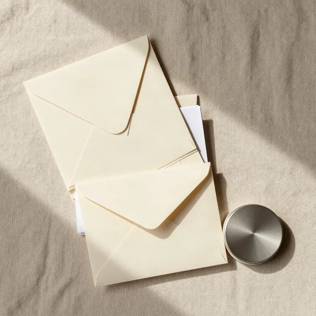 Flat lay of cream welcome cards, envelopes, and a stamp pad on linen.