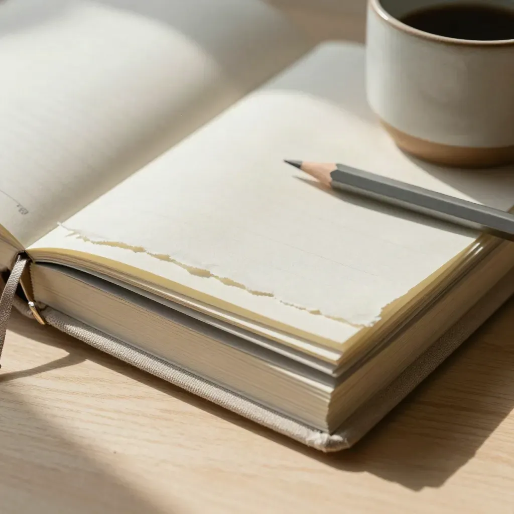 Content planning kit with binder, tabs, swatches and mug on pale wood.
