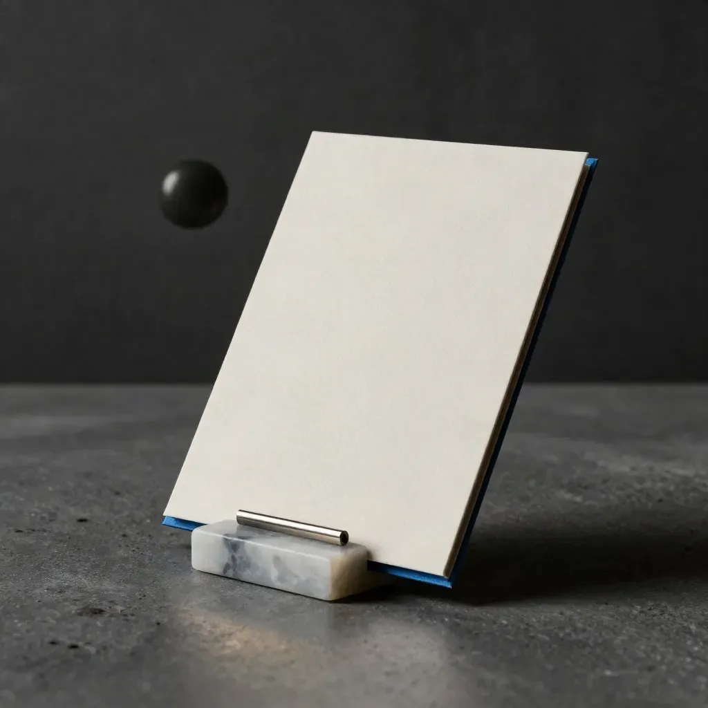Brand positioning deck cards and stone paperweight on concrete in a dark dramatic studio