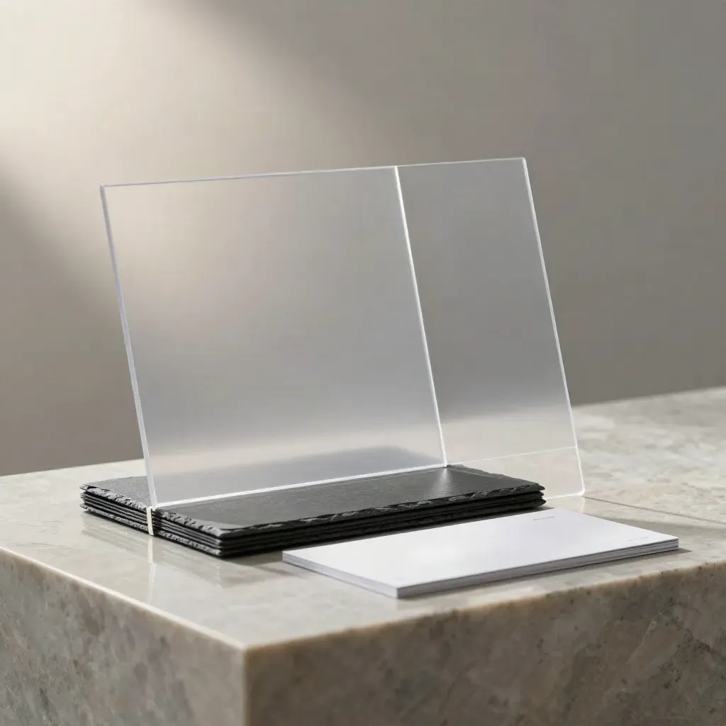 Transparent analytics folio with frosted panes and slate tiles on a pale stone plinth.