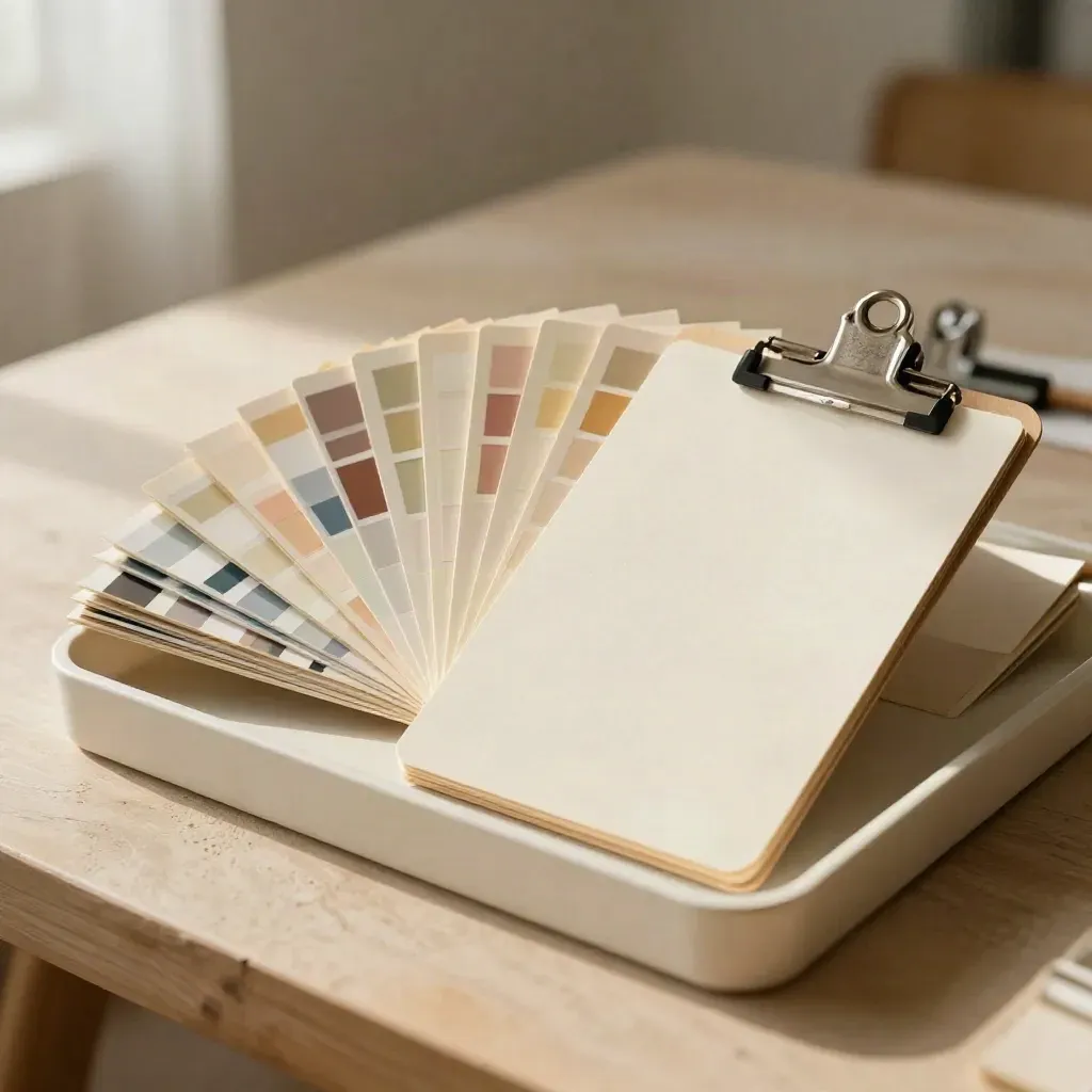 Cream tray with fanned creative cards, swatches, and clipboard on plaster tabletop.