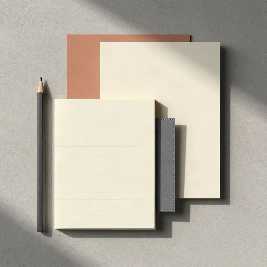 Overhead flat lay of blank cards, pencil, booklet and folded strip on pale concrete with soft shadows