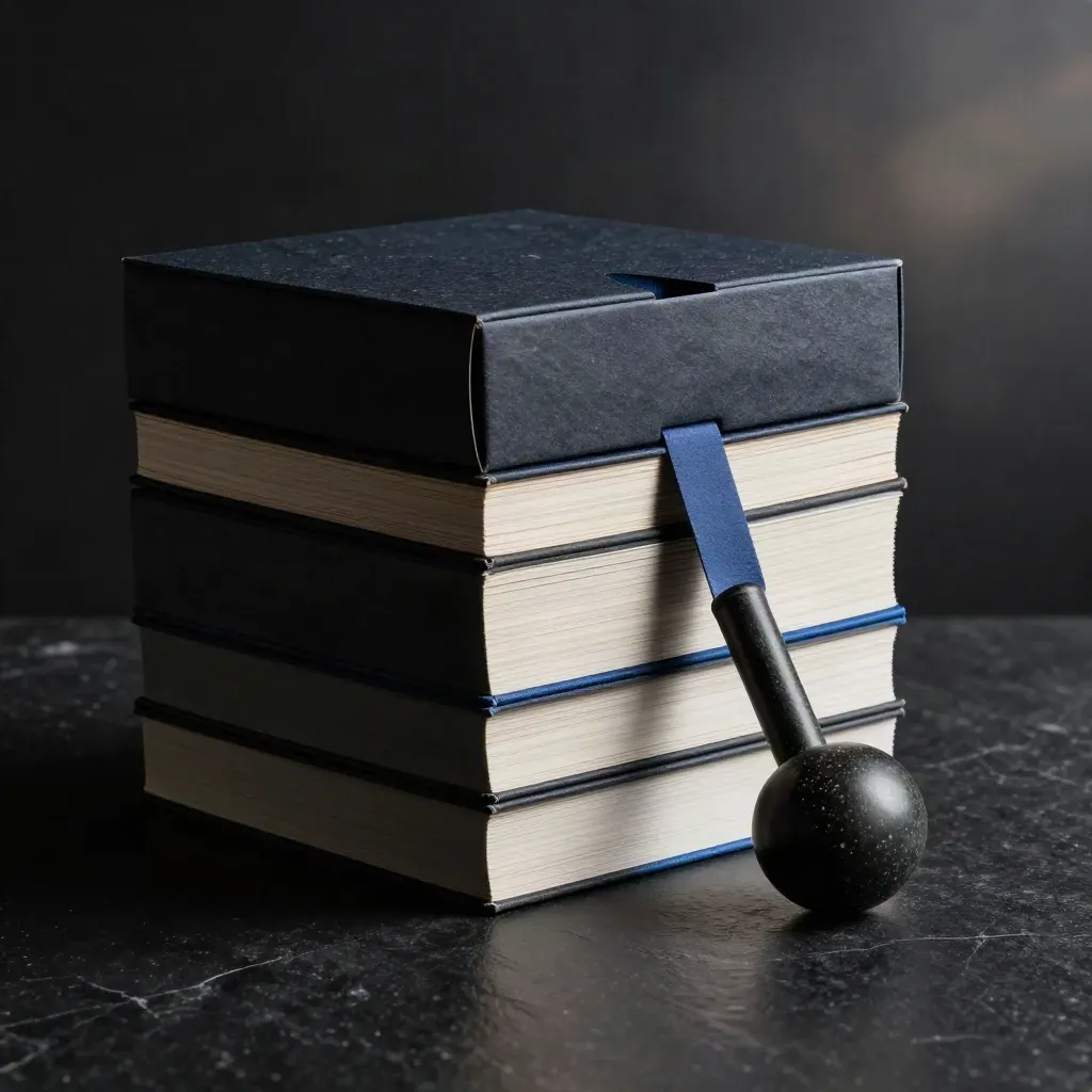 Dark marketing bundle tower on matte black, folders, box and papers under cool rim light
