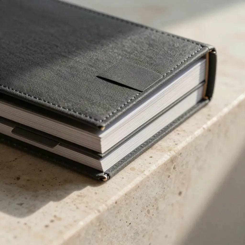Charcoal SEO audit folio with tabs and divider stack on travertine in soft morning light.