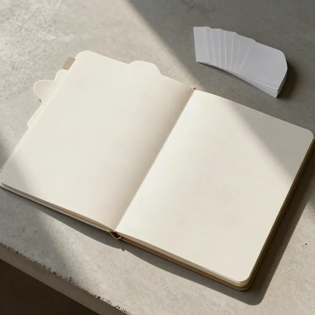 Overhead cream tray with blank planning cards, folded board, and tabs on pale concrete