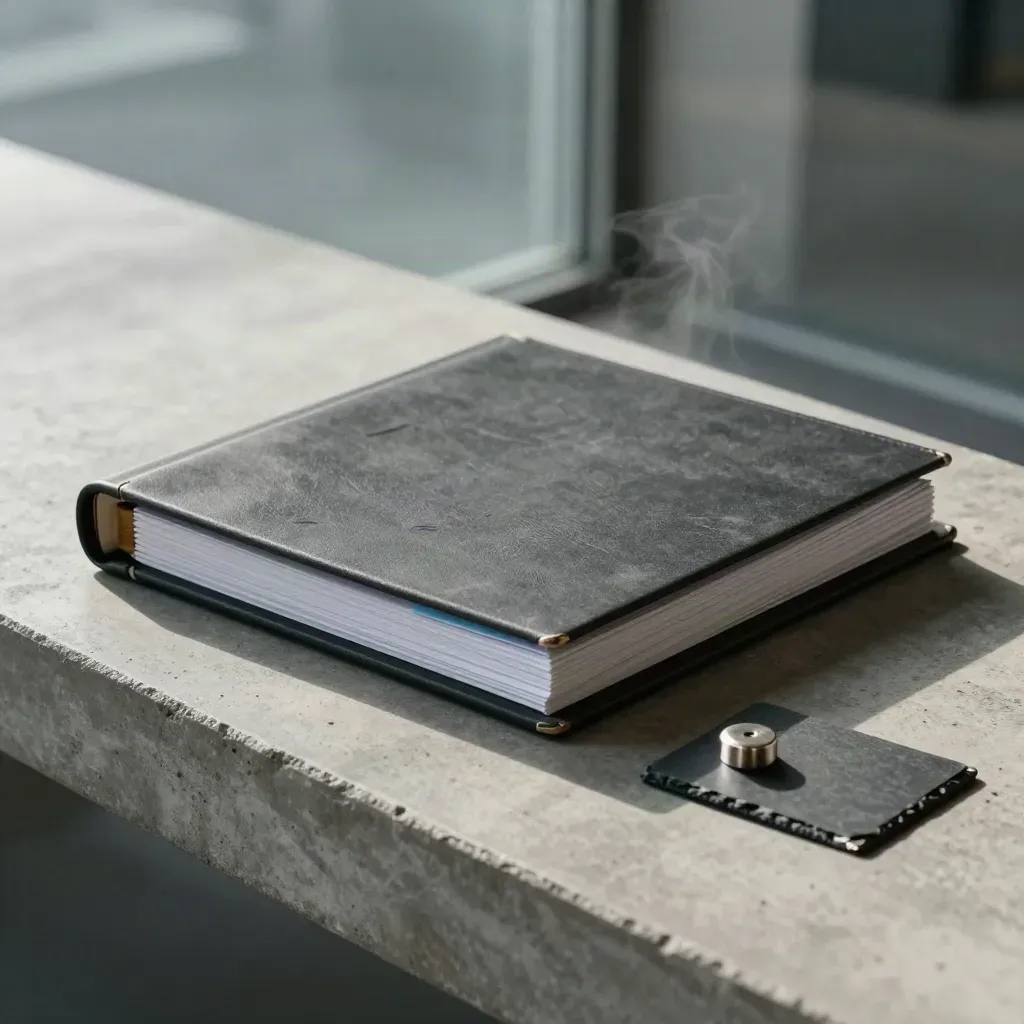 PPC fixup bundle: matte binder, blank slips and metal weight on concrete with soft blue light.