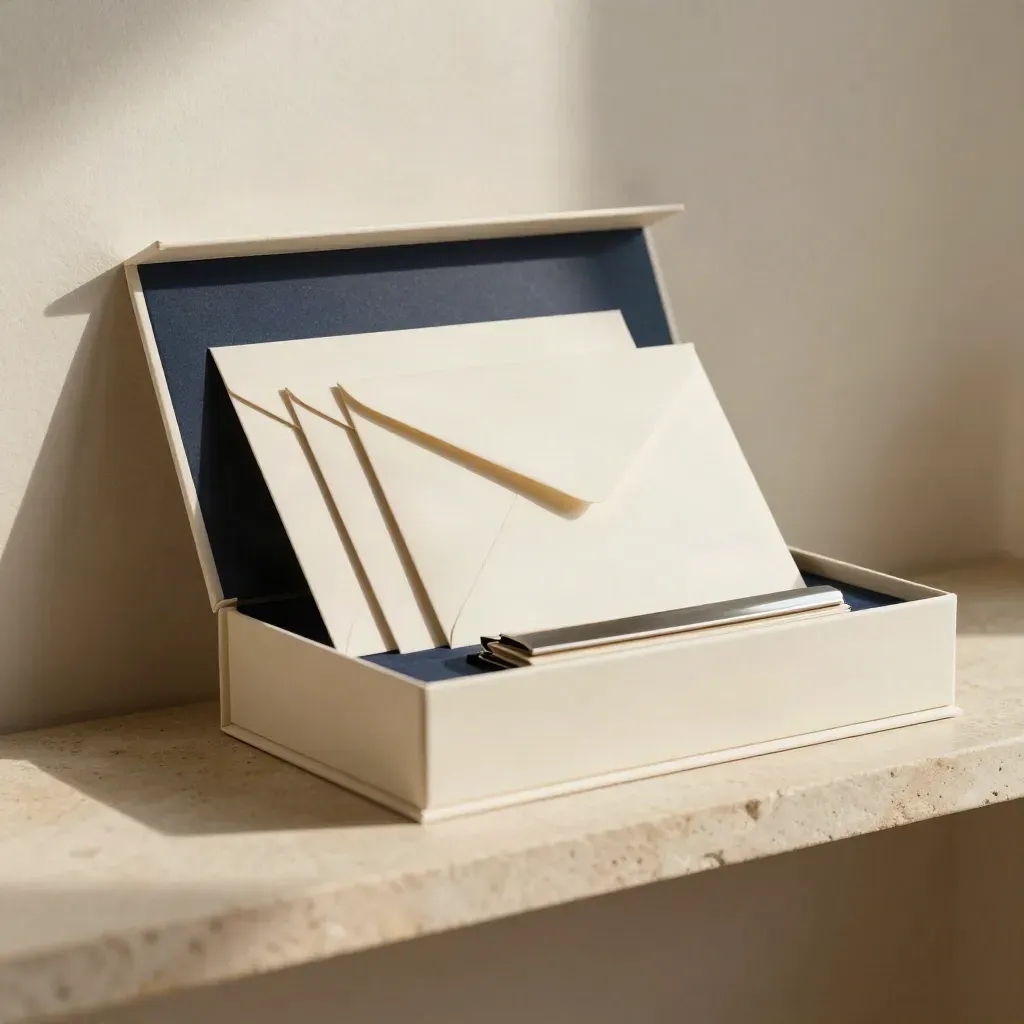 Cream box with blank cards, envelopes and metal clip on a pale shelf