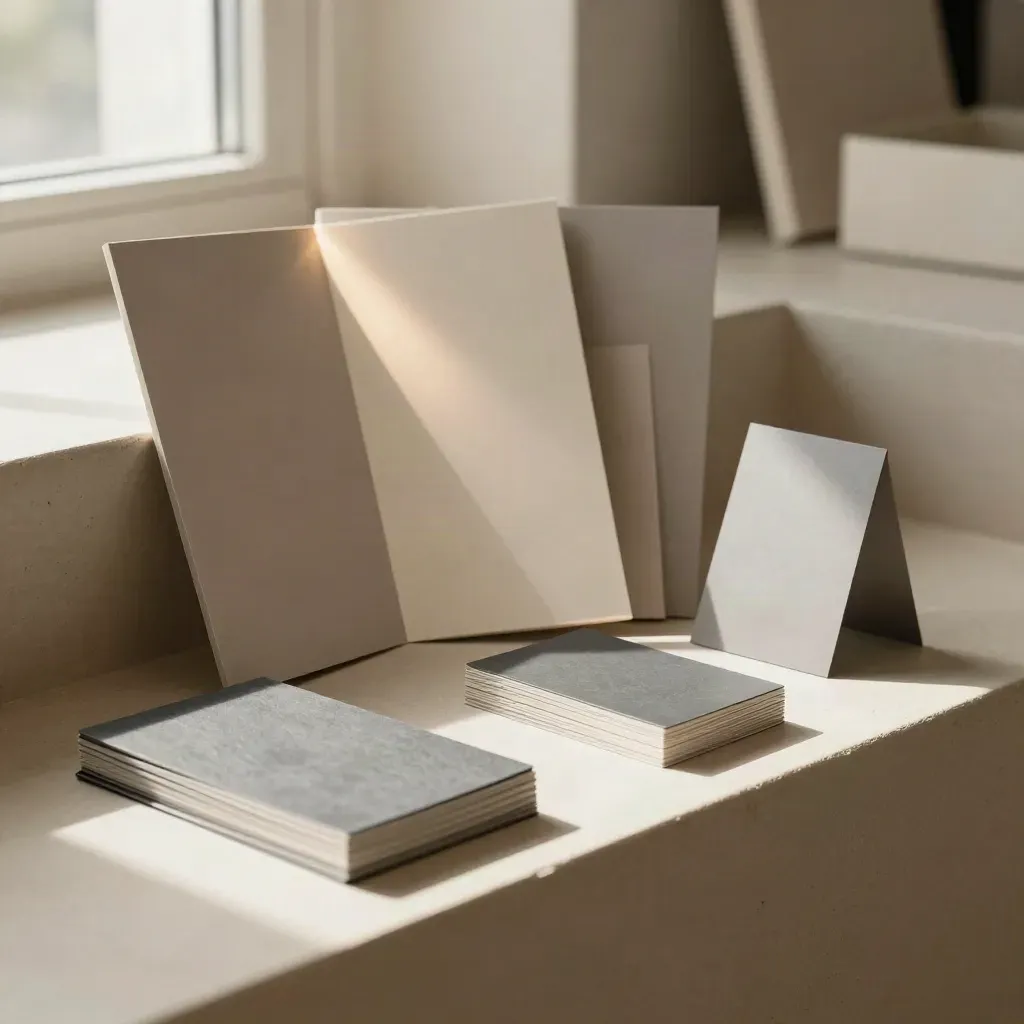 Three fanned blank ad concept panels with swatch cards in a sunlit plaster tray