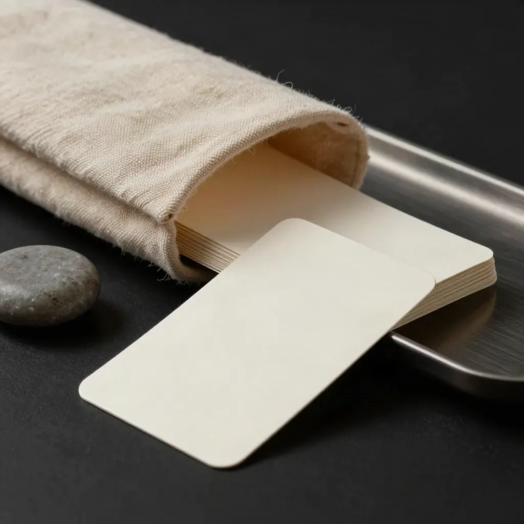 Macro of unmarked cards in a cloth wrap with a stone weight and narrow tray on black