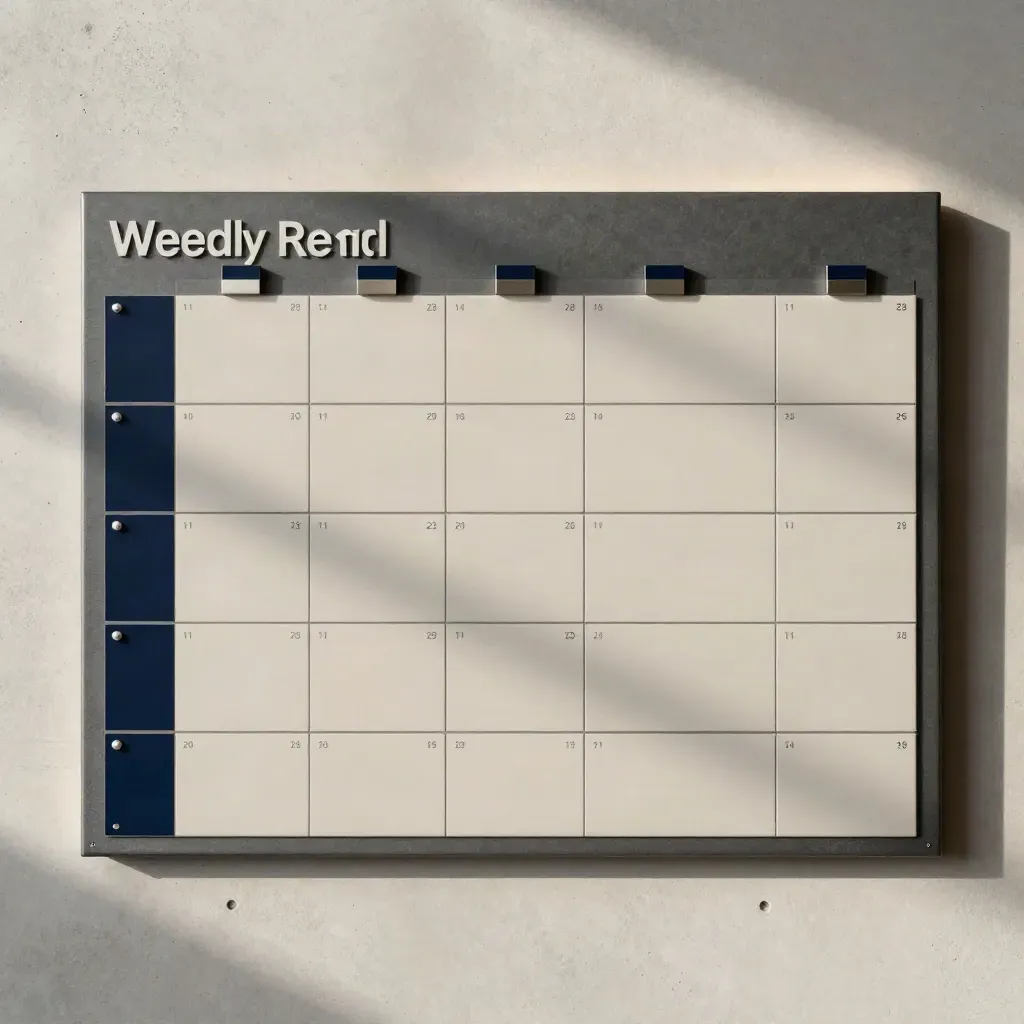 Graphite weekly report board kit with blank tiles on pale concrete, lit from above.