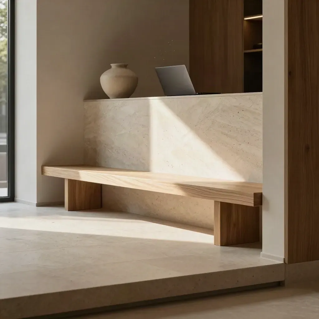 Sunlit limestone stair landing with oak bench and ceramic vessel, calm space below.