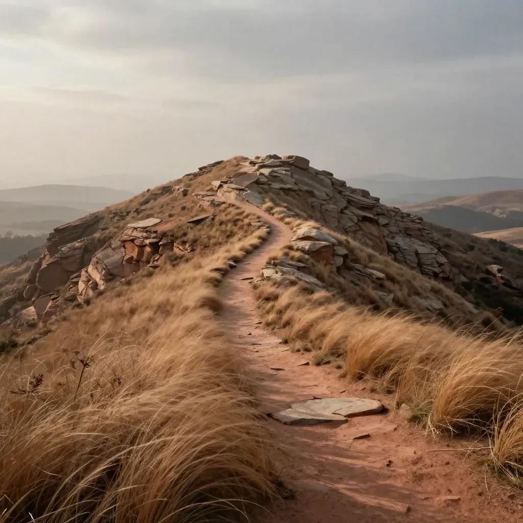 Sandstone ridge with windblown grasses, mist, and a curving path under an overcast sky.