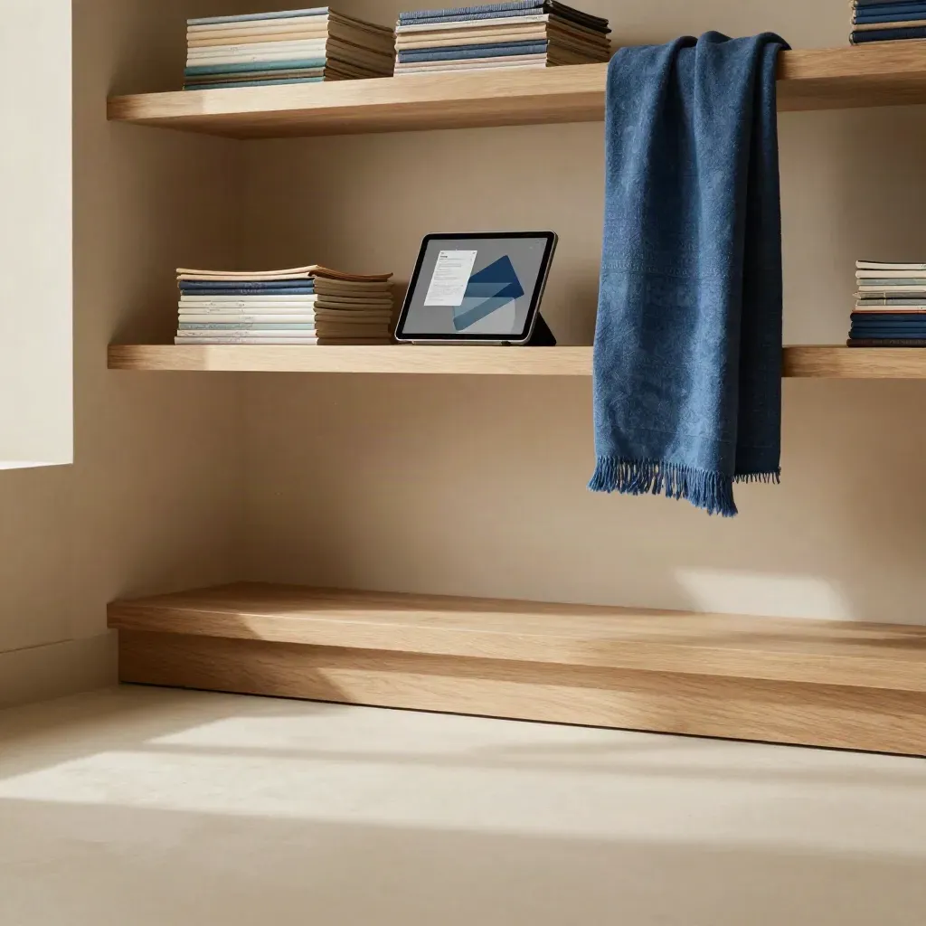 Warm plaster alcove with pale wood shelving, textile, and abstract email campaign tablet