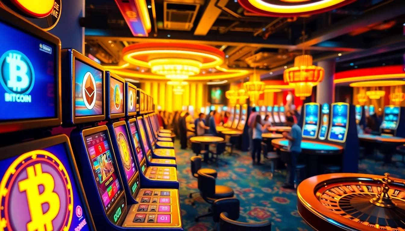 Experience the thrill of a crypto casino with vibrant games and a lively crowd.