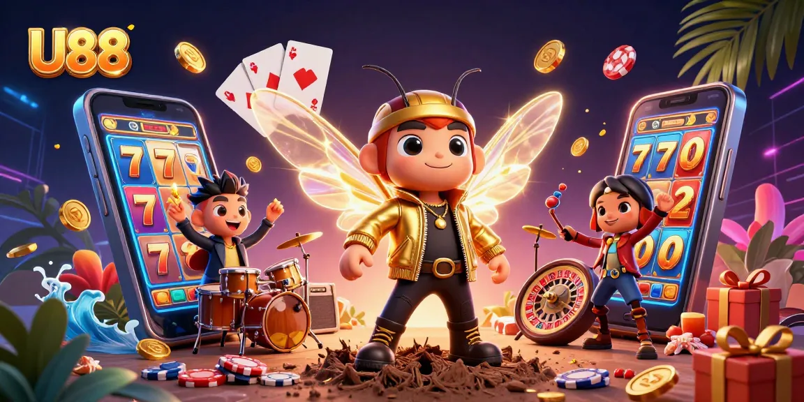 Engage with U88's vibrant slot games and dynamic casino experience in an animated illustration.
