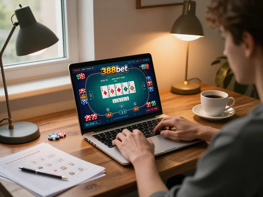 Engaging in a strategic poker game on 388bet's online platform at home, showcasing a vibrant gaming atmosphere.