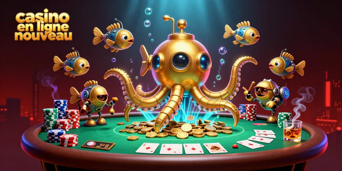 Une scène captivante de casino en ligne nouveau avec un kraken doré et des poissons mécaniques.