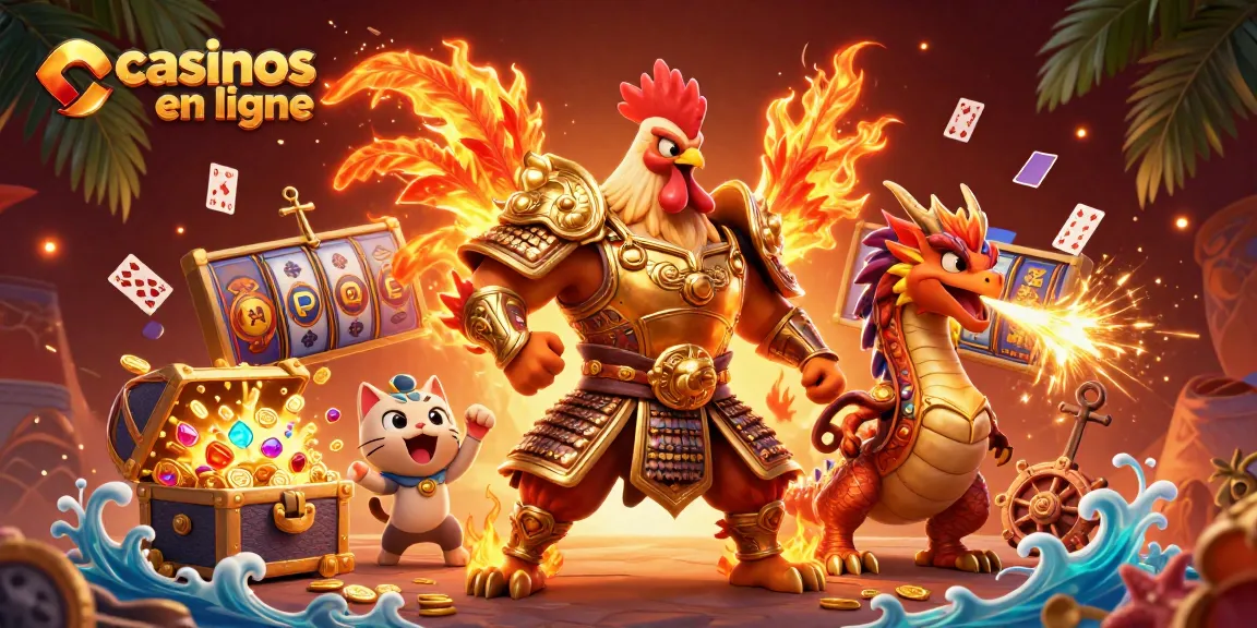 Jouez aux casinos en ligne avec cette scène dynamique et colorée des personnages et éléments du jeu