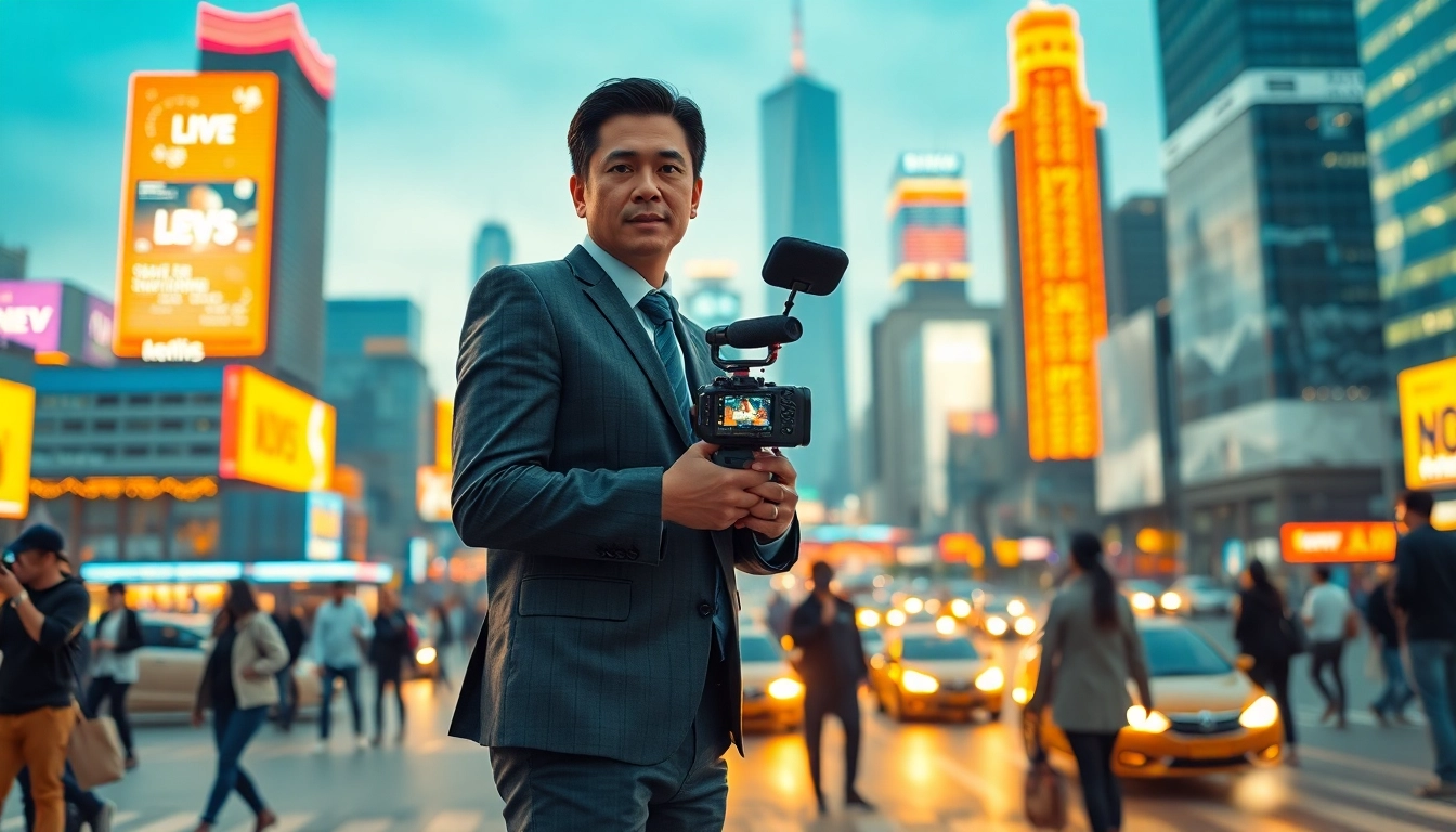 News reporter engaging viewers in a vibrant city scene, capturing live stories.